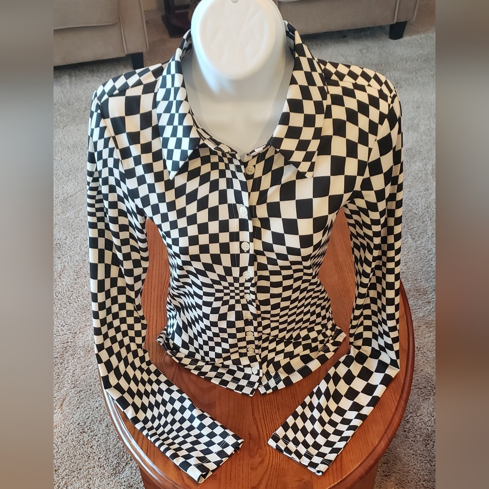 The Open Product black/white geometric pattern blouse, size S - NEW